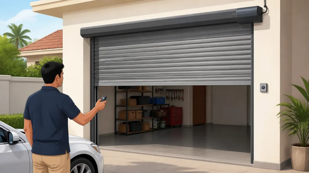 Illustration of a person using a remote control to open an automatic roller door.