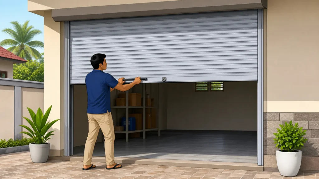 Illustration of a person closing a manual roller door by pulling down the bottom handle.