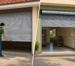 Illustration comparing a manual roller door operated by hand and an automatic roller door opened with a remote control.