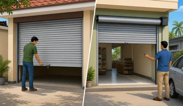 Illustration comparing a manual roller door operated by hand and an automatic roller door opened with a remote control.
