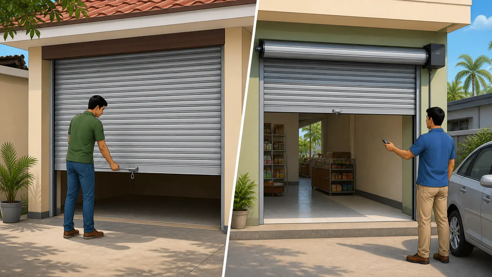 Illustration comparing a manual roller door operated by hand and an automatic roller door opened with a remote control.