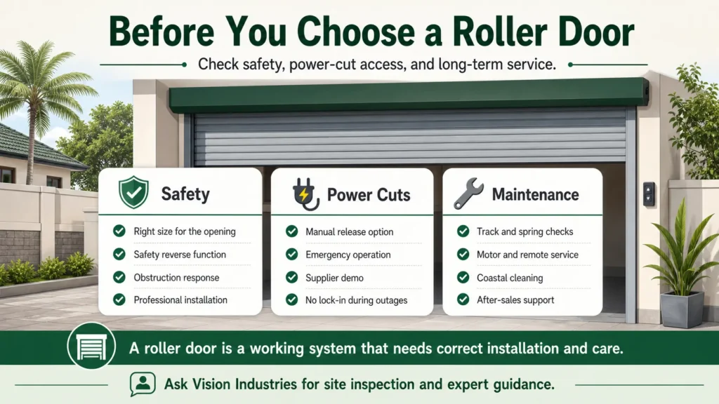Infographic checklist showing roller door safety, manual release for power cuts, and maintenance tips.