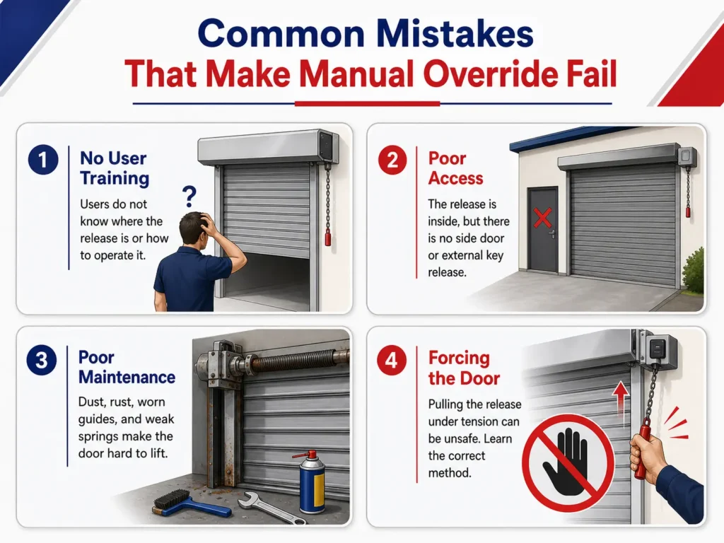Infographic showing four common mistakes that make a roller door manual override fail