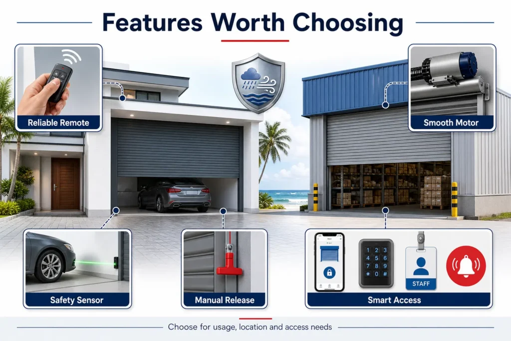 Infographic showing key remote control roller door features including remote access, motor, safety sensor, manual release and smart access.