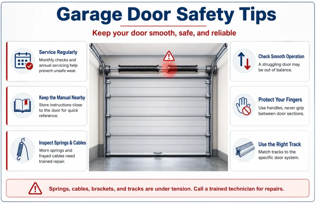 Infographic showing six garage door safety tips including regular service, manual reference, spring and cable checks, smooth operation, finger safety, and correct track use.