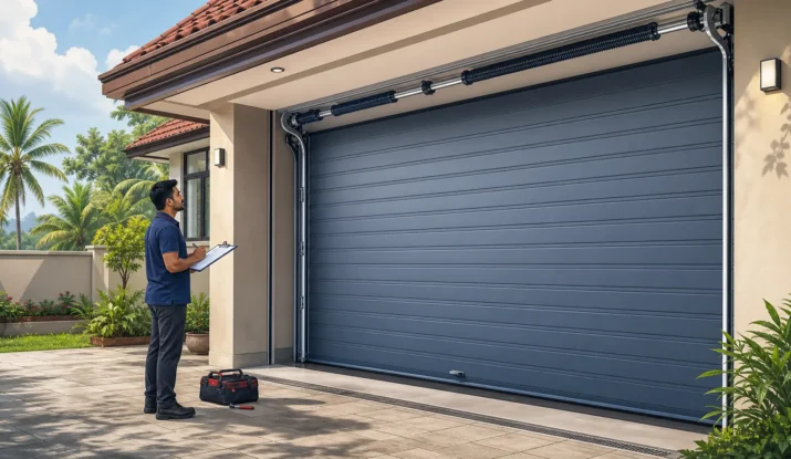 Technician inspecting a large residential garage door in a Sri Lankan home setting for safe operation and maintenance.