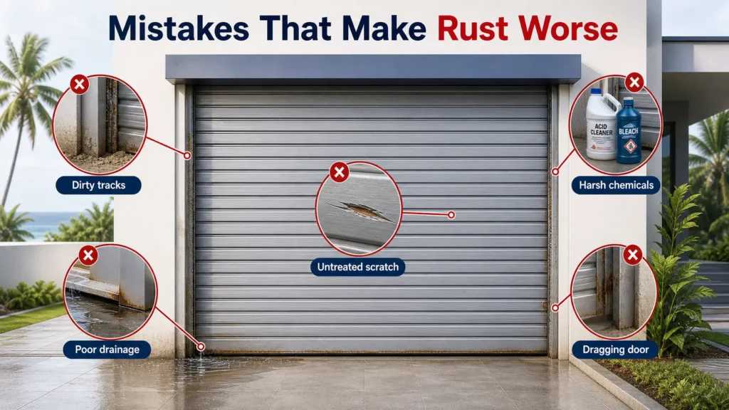 Infographic showing roller door rust mistakes, including dirty tracks, an untreated scratch, harsh chemicals, poor drainage, and a dragging door.