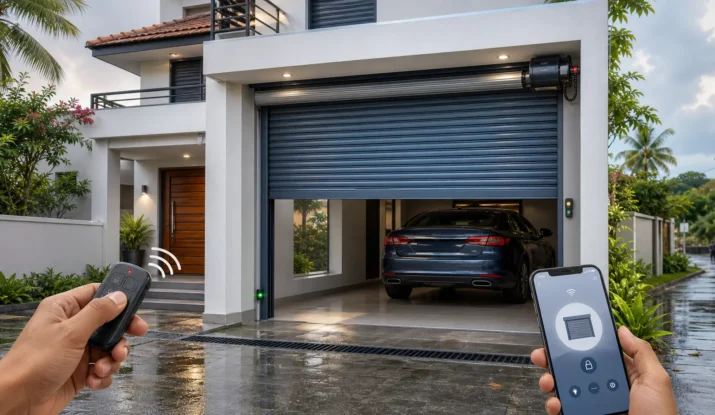 Semi-realistic illustration of a modern Sri Lankan home with a remote-controlled smart roller door and driveway access.