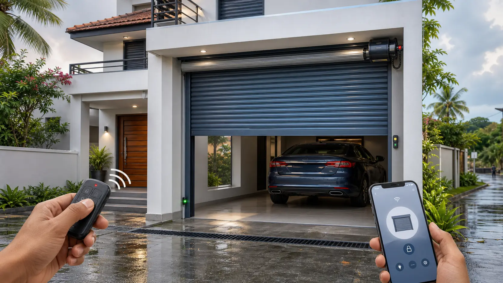 Semi-realistic illustration of a modern Sri Lankan home with a remote-controlled smart roller door and driveway access.