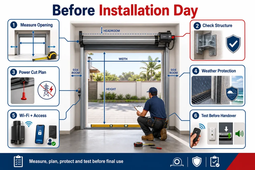 Infographic showing roller door installation checks including measurements, structure, power cut planning, weather protection, Wi-Fi access and handover testing.