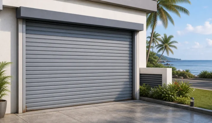 Semi-realistic illustration of a coastal Sri Lankan home with a metal roller door exposed to sea air, showing subtle rust-risk areas near the lower edge.