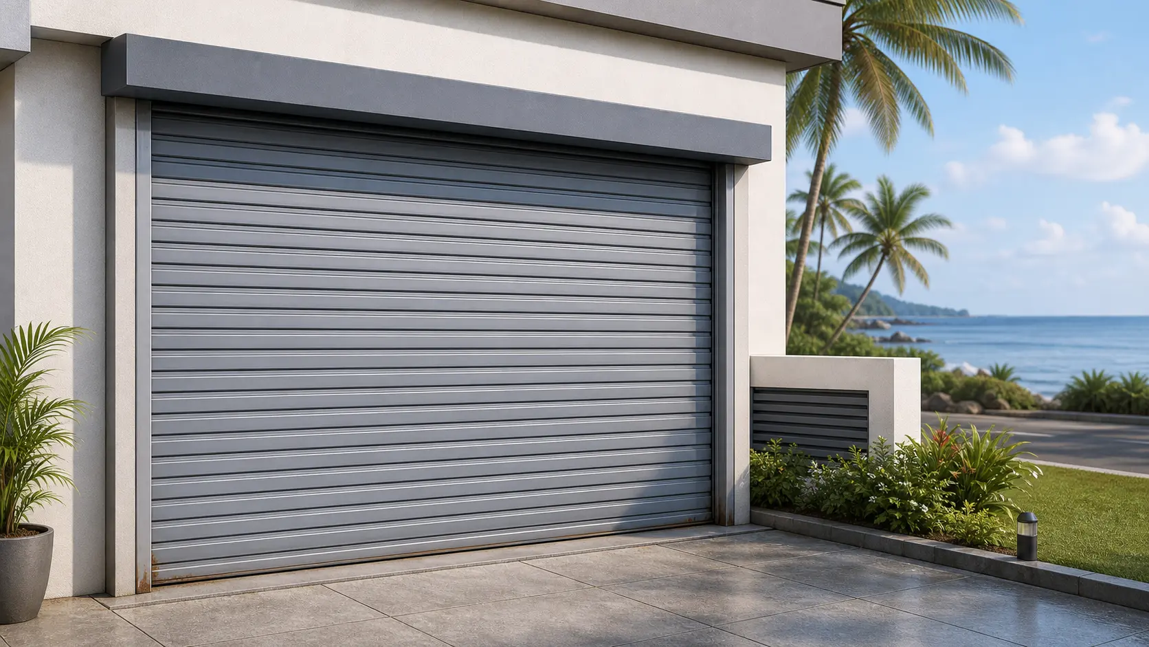 Semi-realistic illustration of a coastal Sri Lankan home with a metal roller door exposed to sea air, showing subtle rust-risk areas near the lower edge.