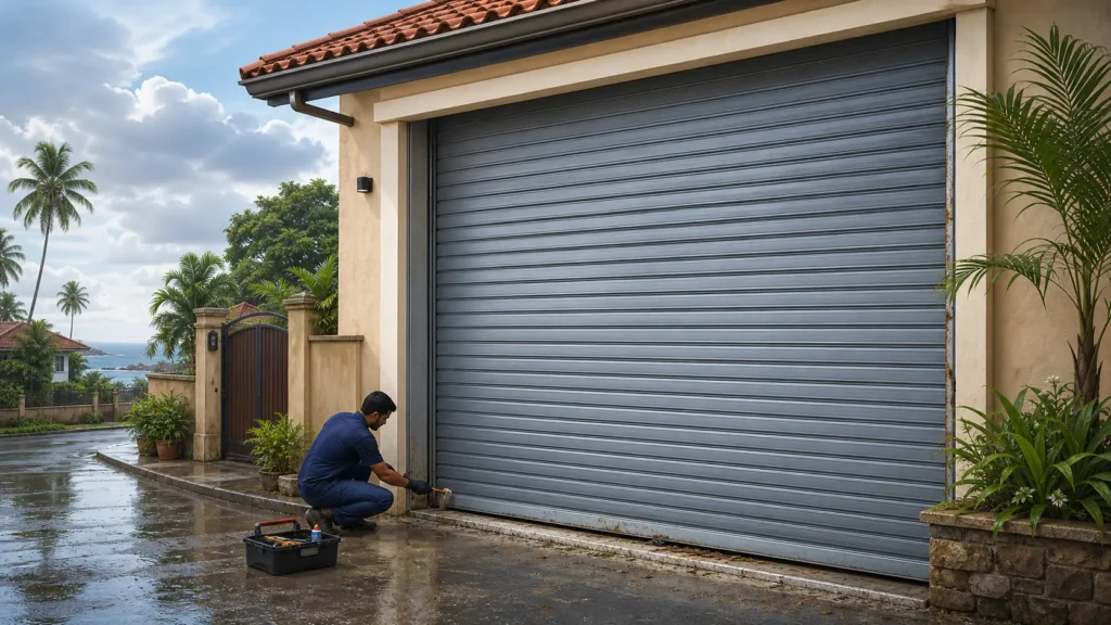 Roller door maintenance in Sri Lanka with a technician inspecting a tall residential garage door after rain.