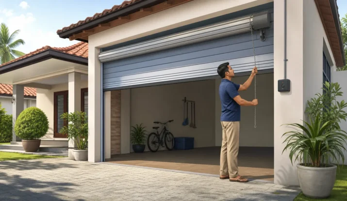 Homeowner using a manual override on an automatic roller door during a power cut in Sri Lanka