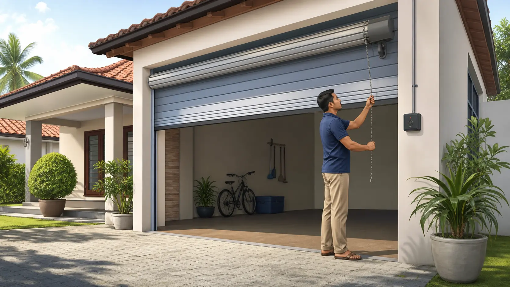 Homeowner using a manual override on an automatic roller door during a power cut in Sri Lanka