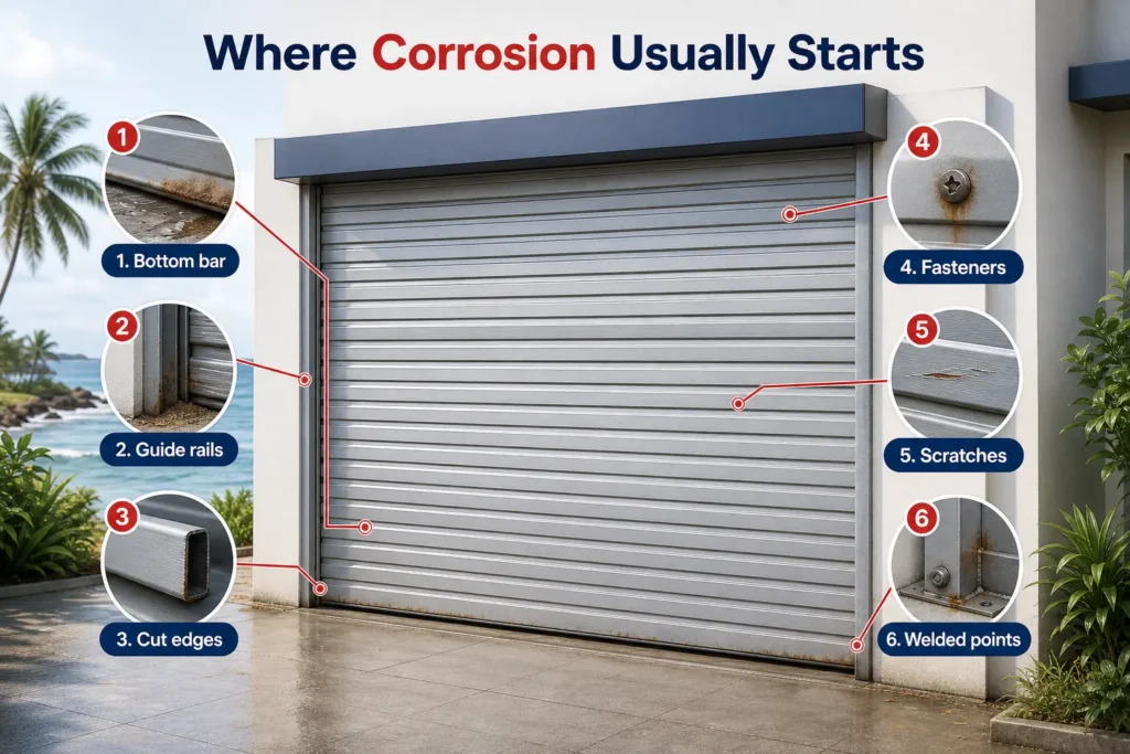 Infographic showing six common corrosion starting points on a coastal roller door: bottom bar, guide rails, cut edges, fasteners, scratches, and welded points.