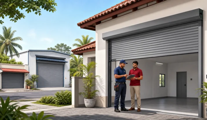 Homeowner and installer reviewing a roller garage door, with shop and warehouse roller doors visible in a Sri Lankan setting.
