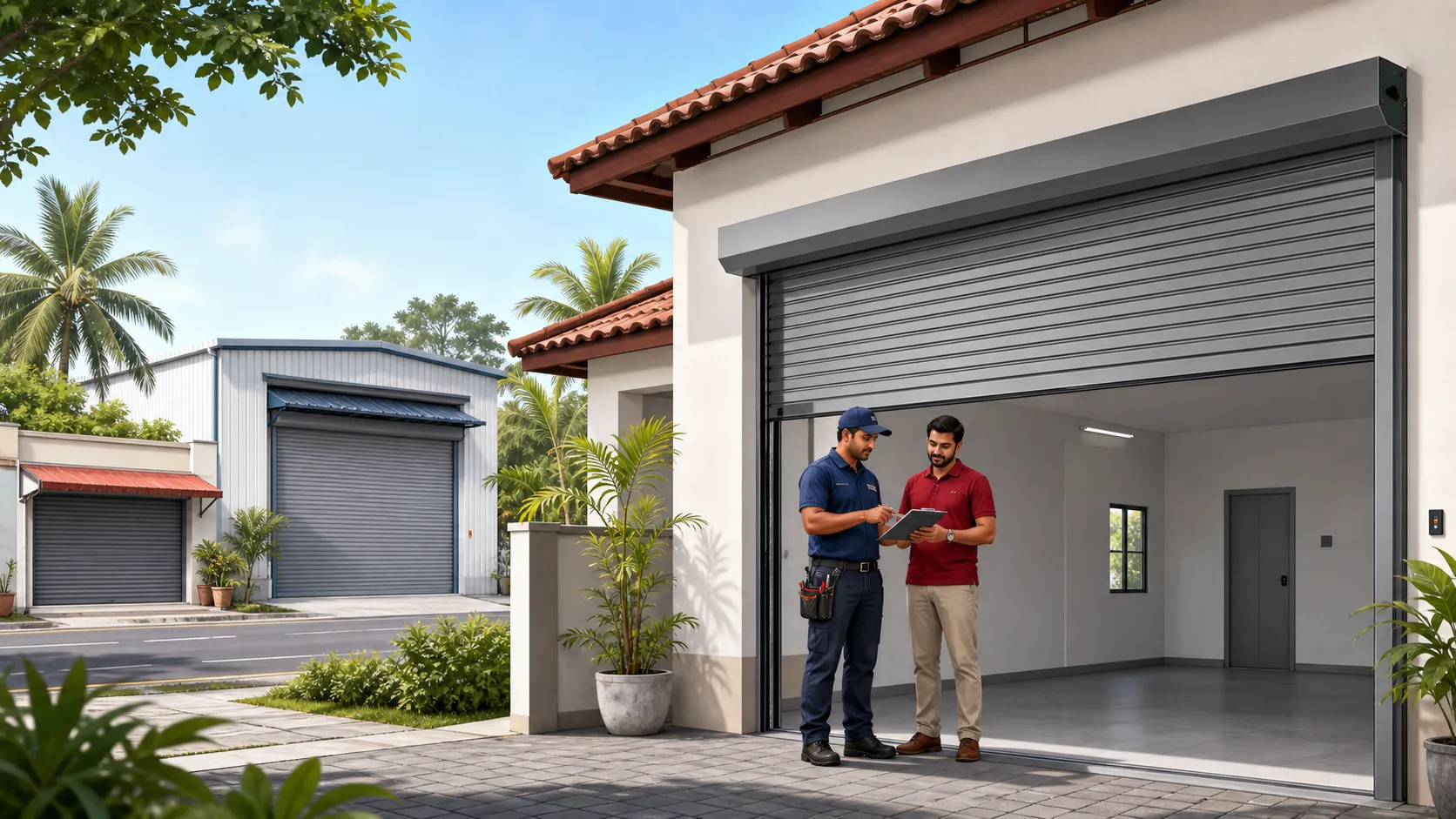 Homeowner and installer reviewing a roller garage door, with shop and warehouse roller doors visible in a Sri Lankan setting.