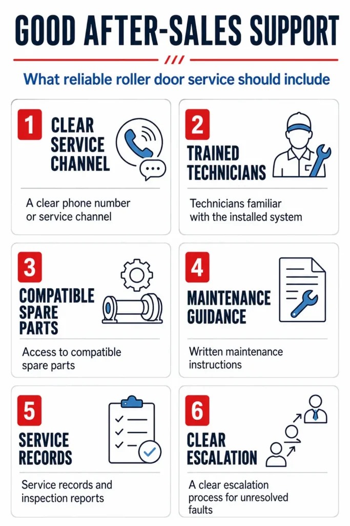 Infographic showing six essentials of good roller door after-sales support: a clear service channel, trained technicians, compatible spare parts, maintenance guidance, service records, and a clear escalation process.