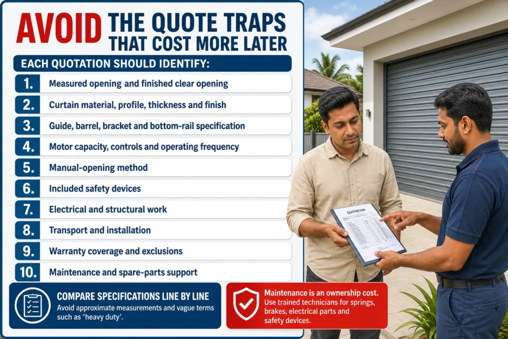 Roller door quotation checklist showing ten specifications buyers should compare before choosing a supplier in Sri Lanka.