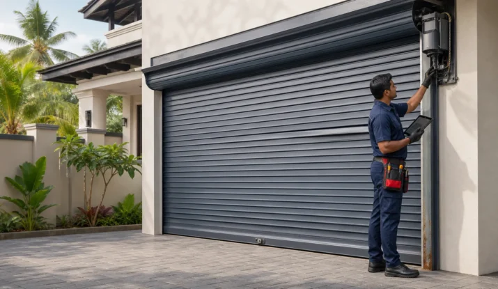 Roller door repair technician inspecting an automatic garage door at a modern Sri Lankan home.