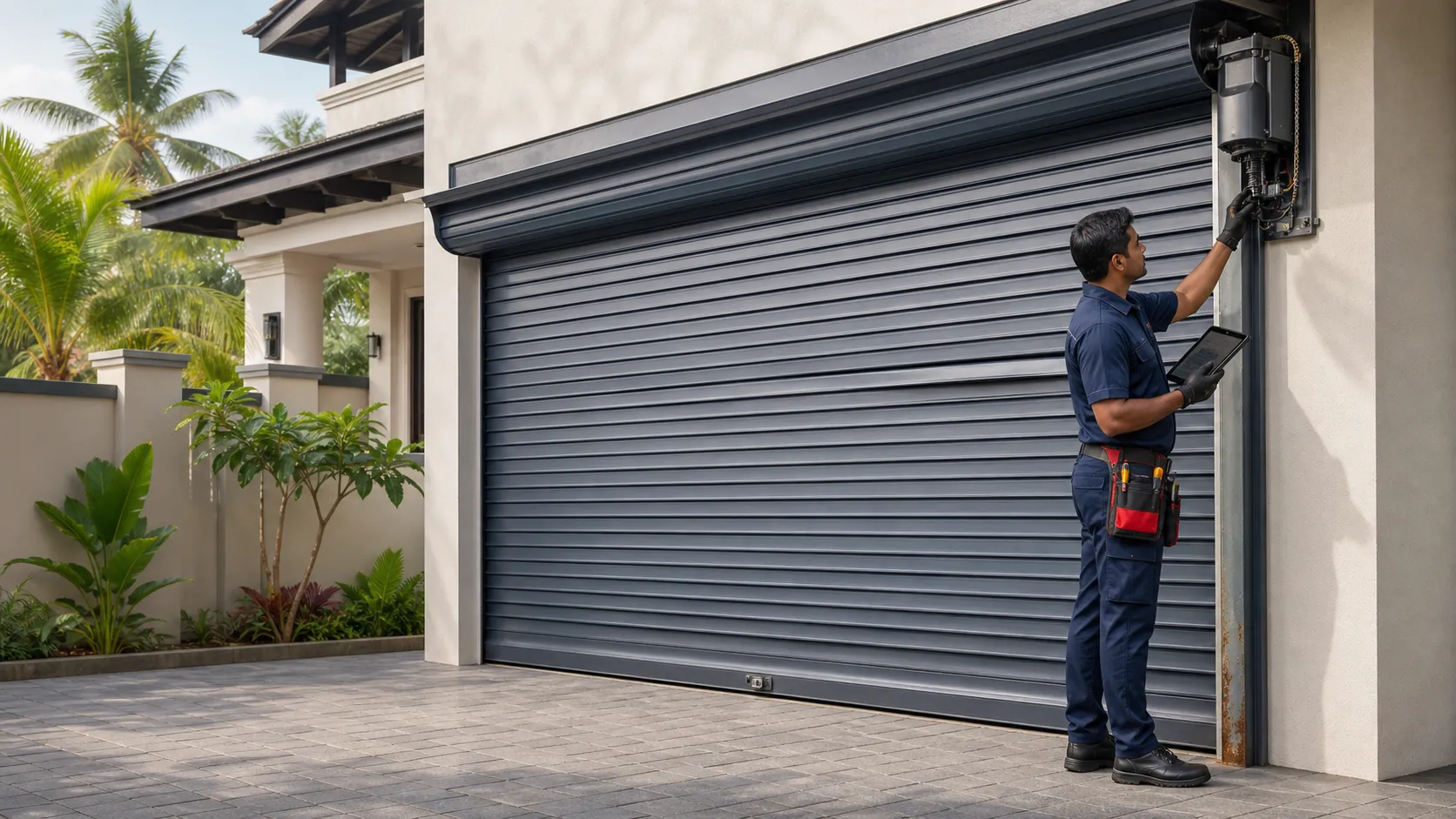 Roller door repair technician inspecting an automatic garage door at a modern Sri Lankan home.
