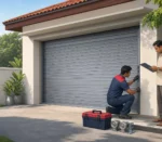 Technician servicing a roller garage door while a Sri Lankan homeowner reviews warranty and maintenance documents.