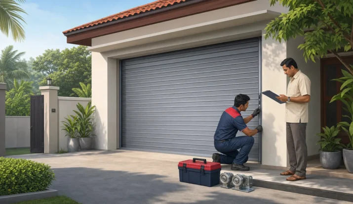 Technician servicing a roller garage door while a Sri Lankan homeowner reviews warranty and maintenance documents.