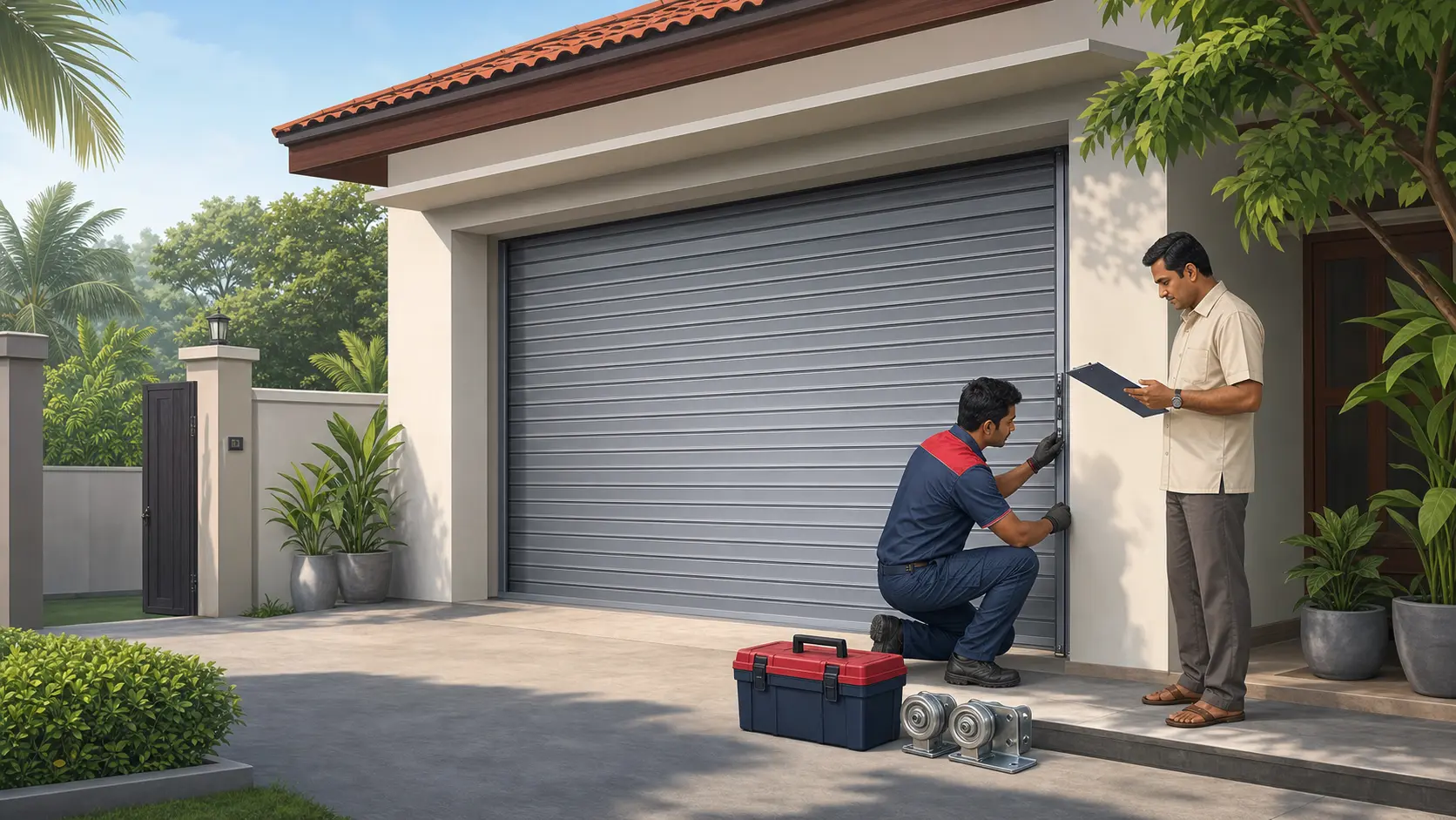 Technician servicing a roller garage door while a Sri Lankan homeowner reviews warranty and maintenance documents.