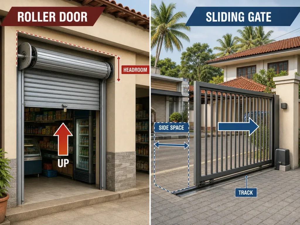 Infographic comparing a roller door moving upward into a drum and a sliding gate moving sideways along a track in a Sri Lankan property setting.