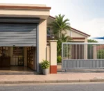 Semi-realistic illustration of a Sri Lankan retail shopfront with a roller door beside a driveway entrance with a sliding gate.