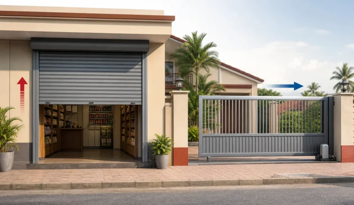 Semi-realistic illustration of a Sri Lankan retail shopfront with a roller door beside a driveway entrance with a sliding gate.
