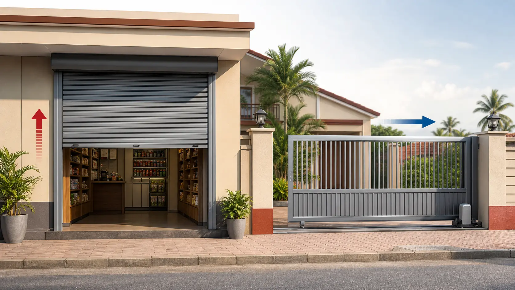 Semi-realistic illustration of a Sri Lankan retail shopfront with a roller door beside a driveway entrance with a sliding gate.