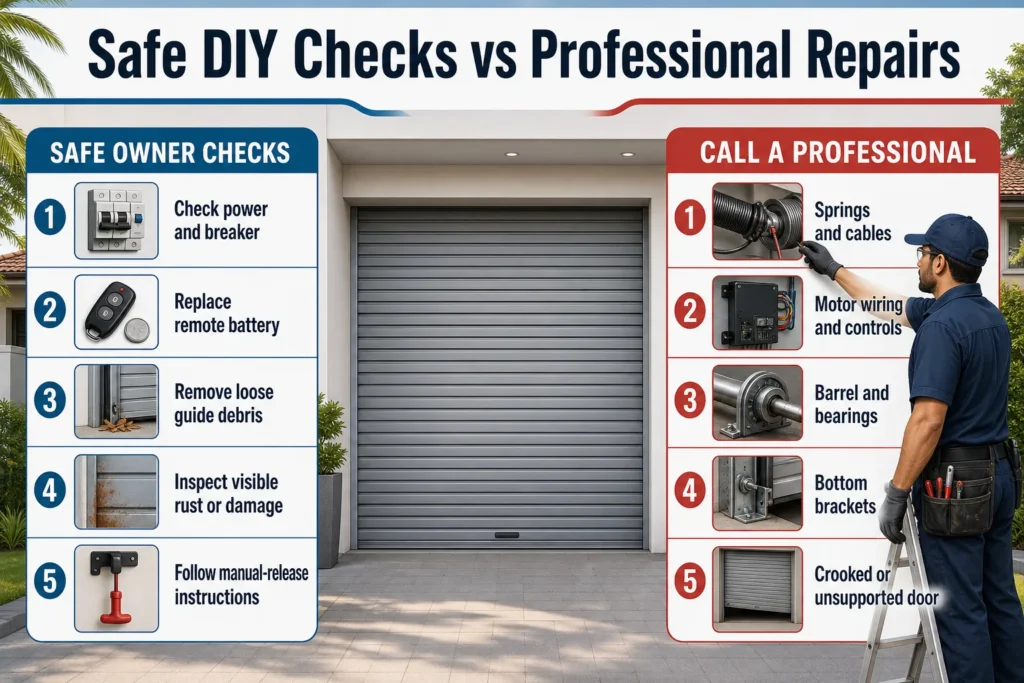 Infographic comparing safe roller door checks owners can perform with repairs that require a professional technician.