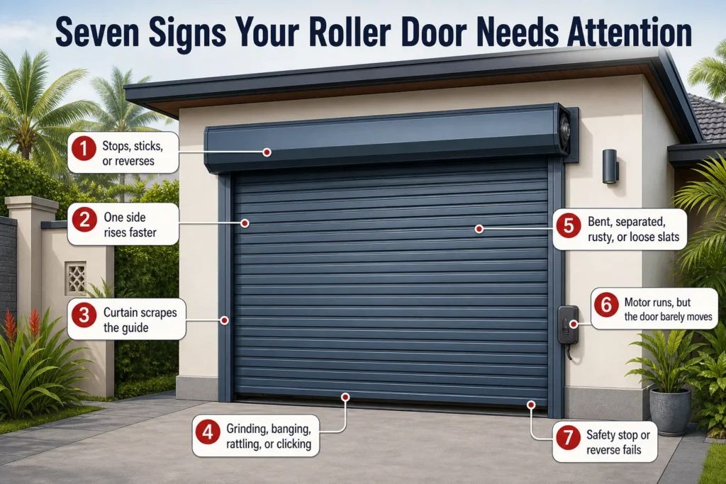 Infographic showing seven warning signs that a roller door needs repair at a Sri Lankan home.