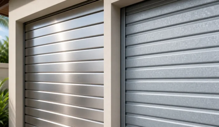 Close-up comparison of stainless steel and galvanised roller door slats for corrosion resistant roller doors.