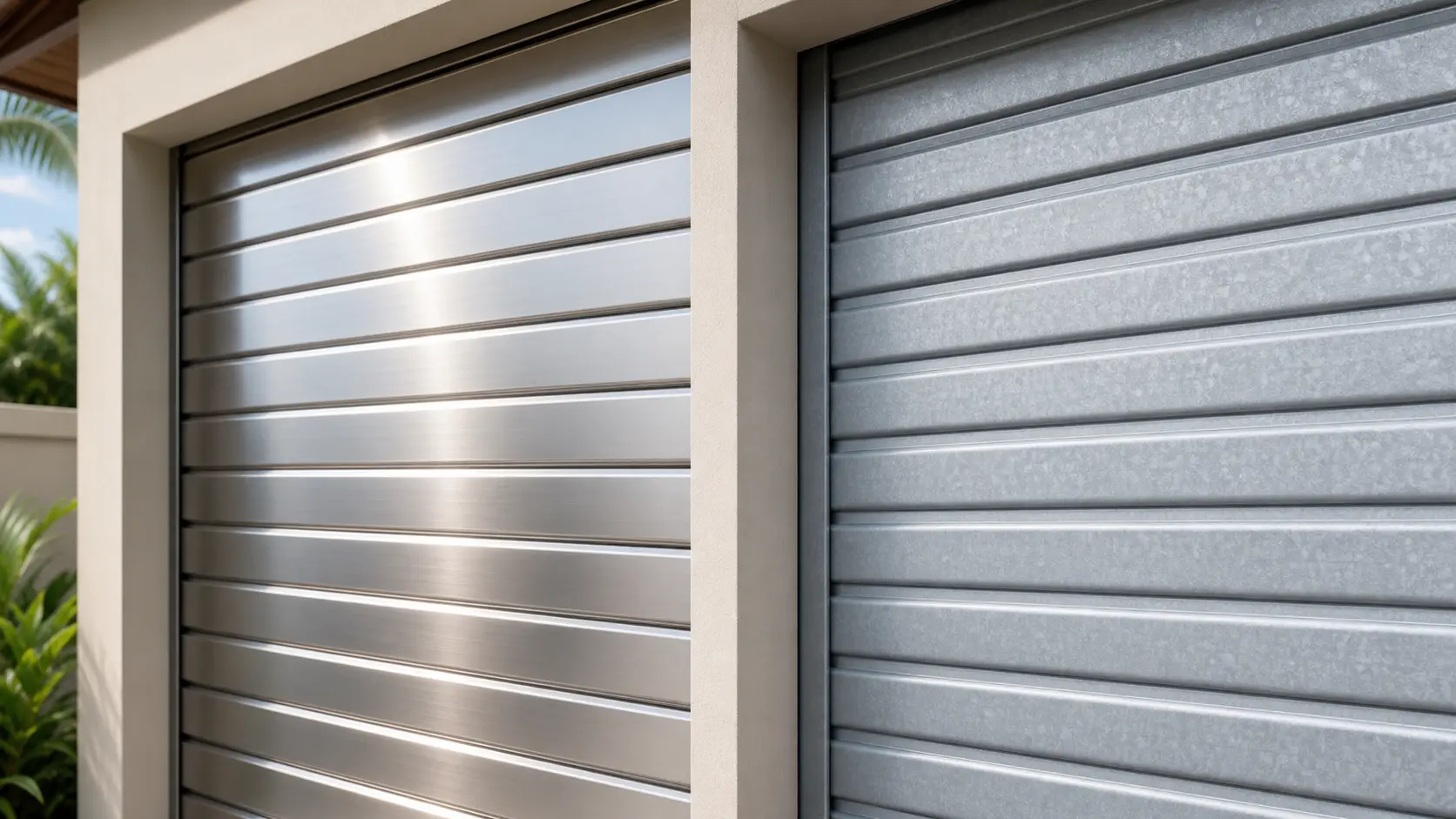 Close-up comparison of stainless steel and galvanised roller door slats for corrosion resistant roller doors.