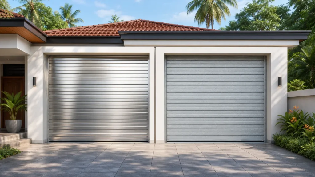 Side-by-side stainless steel and galvanised roller doors on a modern Sri Lankan home.