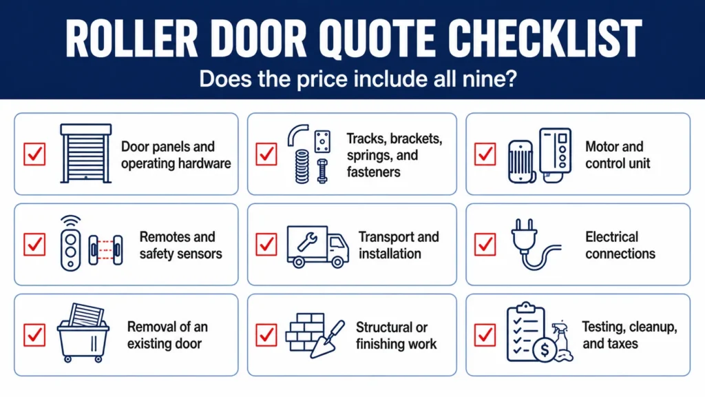 Roller door quote checklist showing nine costs to confirm, including panels, hardware, motor, sensors, installation, electrical work, door removal, finishing work, testing, cleanup, and taxes.