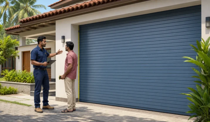 Roller door supplier discussing measurements with a homeowner beside a blue roller door at a modern Sri Lankan house.