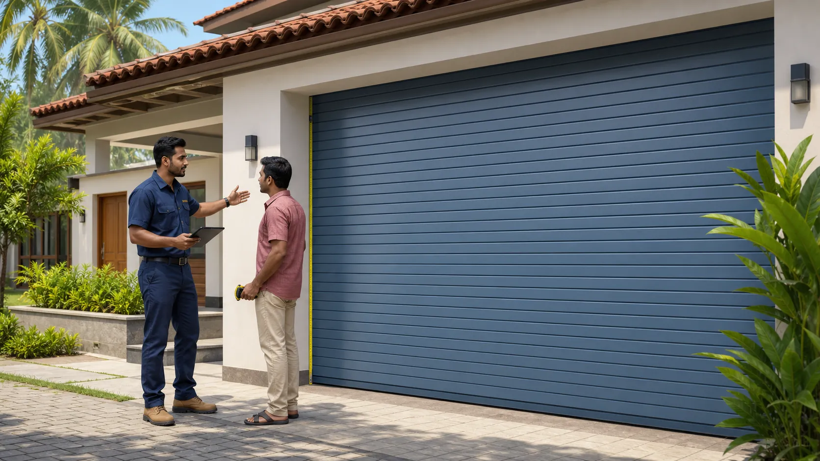 Roller door supplier discussing measurements with a homeowner beside a blue roller door at a modern Sri Lankan house.