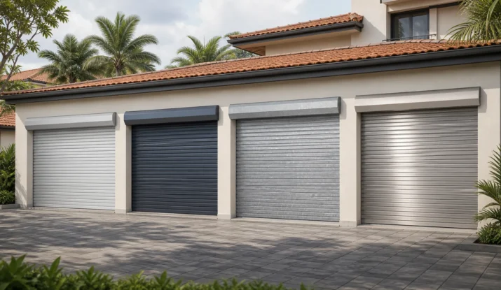 Four roller doors showing aluminium, steel, Zincalume and stainless steel finishes at a modern Sri Lankan home.
