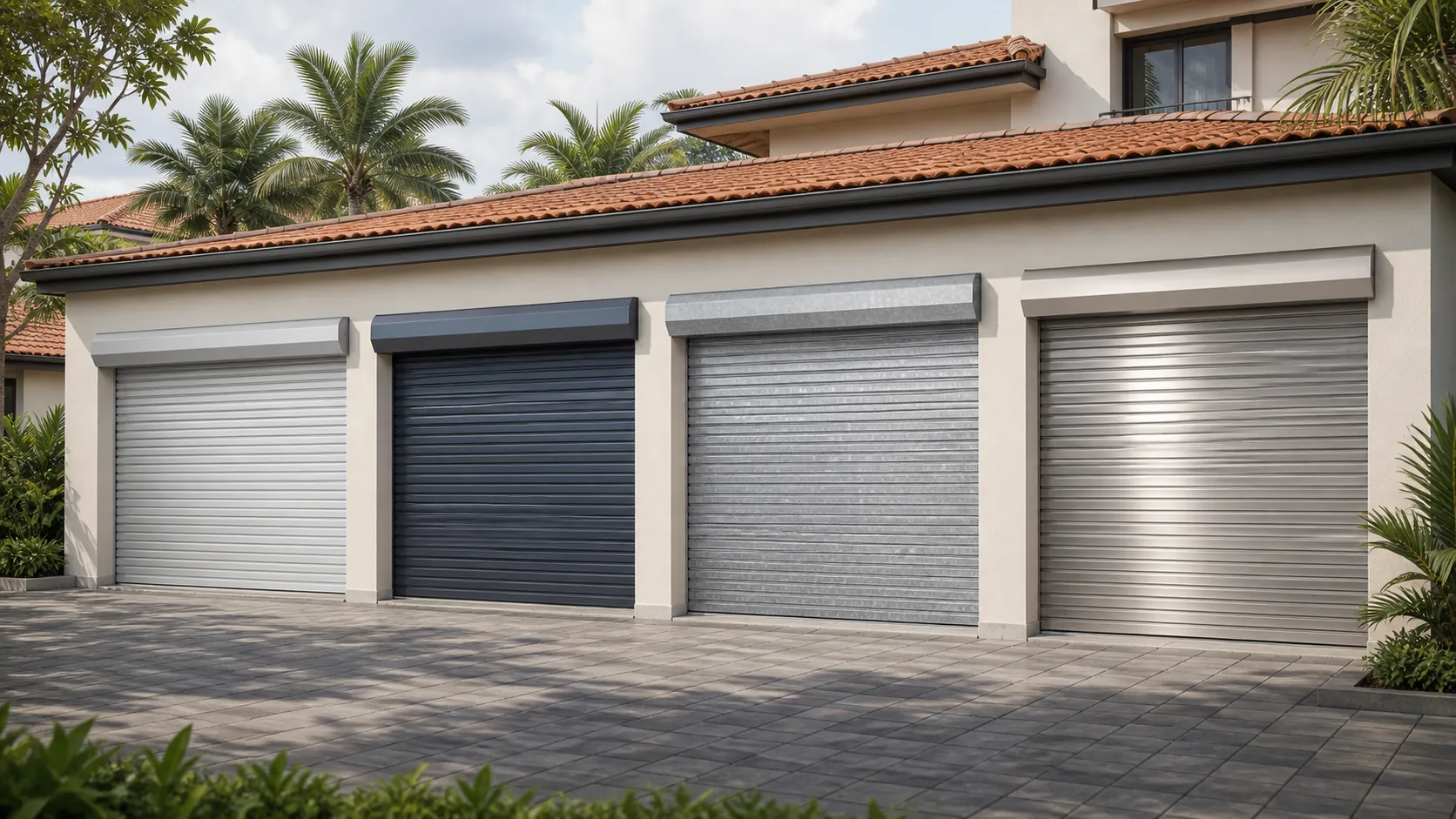 Four roller doors showing aluminium, steel, Zincalume and stainless steel finishes at a modern Sri Lankan home.