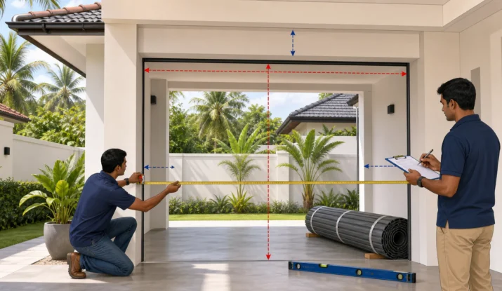Two people measuring the width and height of a residential garage opening before roller door installation in Sri Lanka.