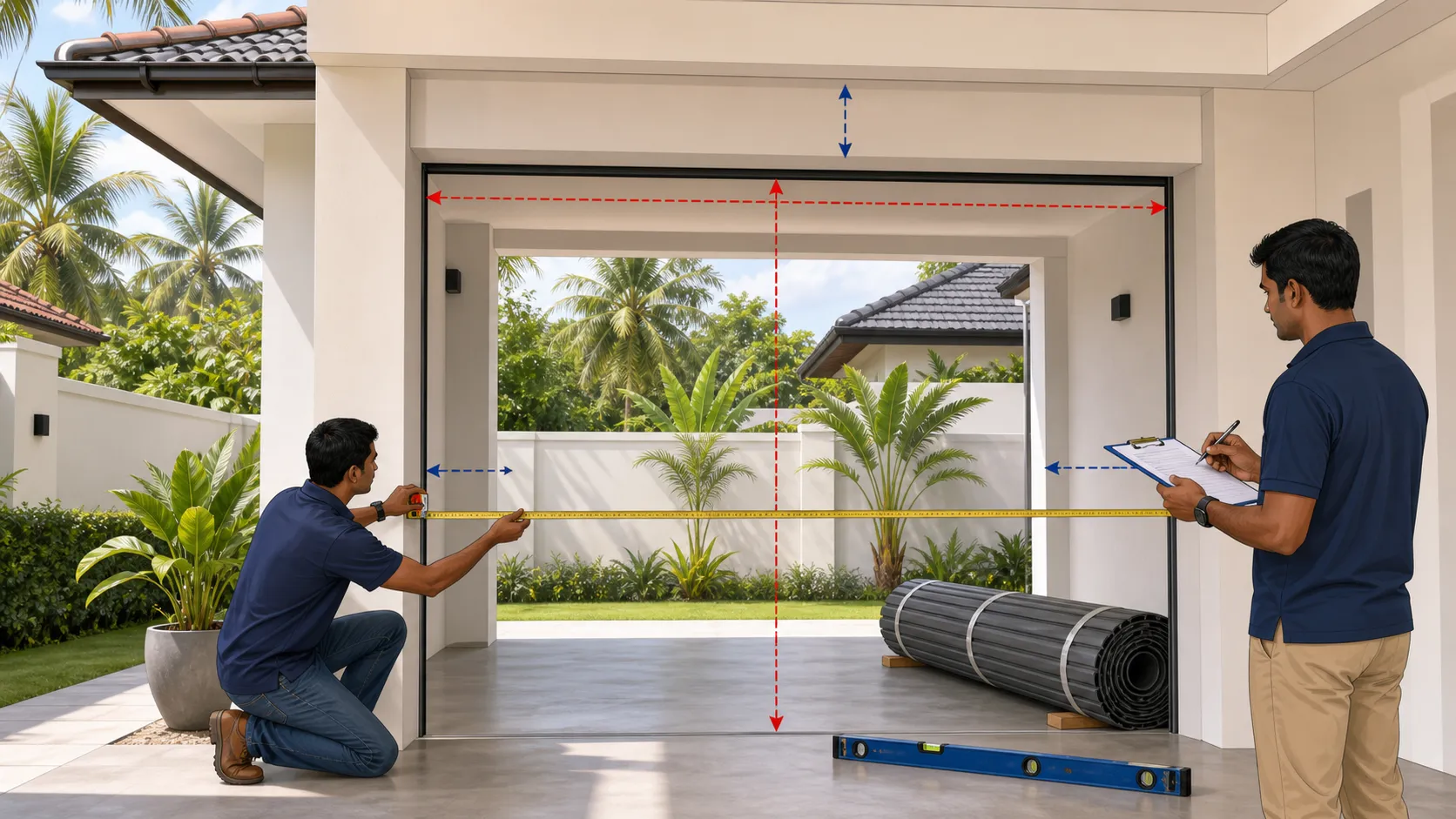 Two people measuring the width and height of a residential garage opening before roller door installation in Sri Lanka.