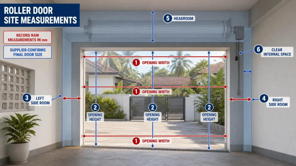 Diagram showing the six measurements needed for a roller door opening in Sri Lanka, including width, height, side room, headroom and clear internal space.