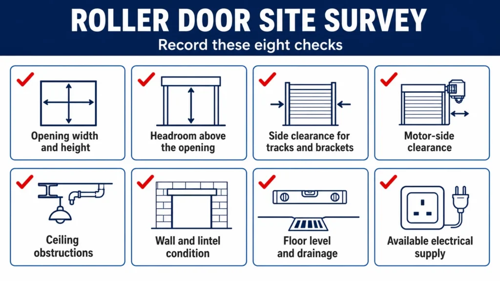 Roller door site survey checklist showing eight checks: opening dimensions, headroom, side and motor clearances, ceiling obstructions, wall condition, floor drainage, and electrical supply.