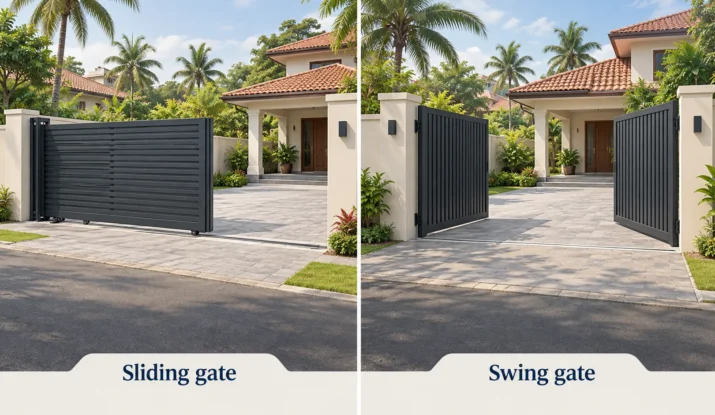 Side-by-side illustration of a partly open sliding gate and double swing gates at Sri Lankan residential entrances.