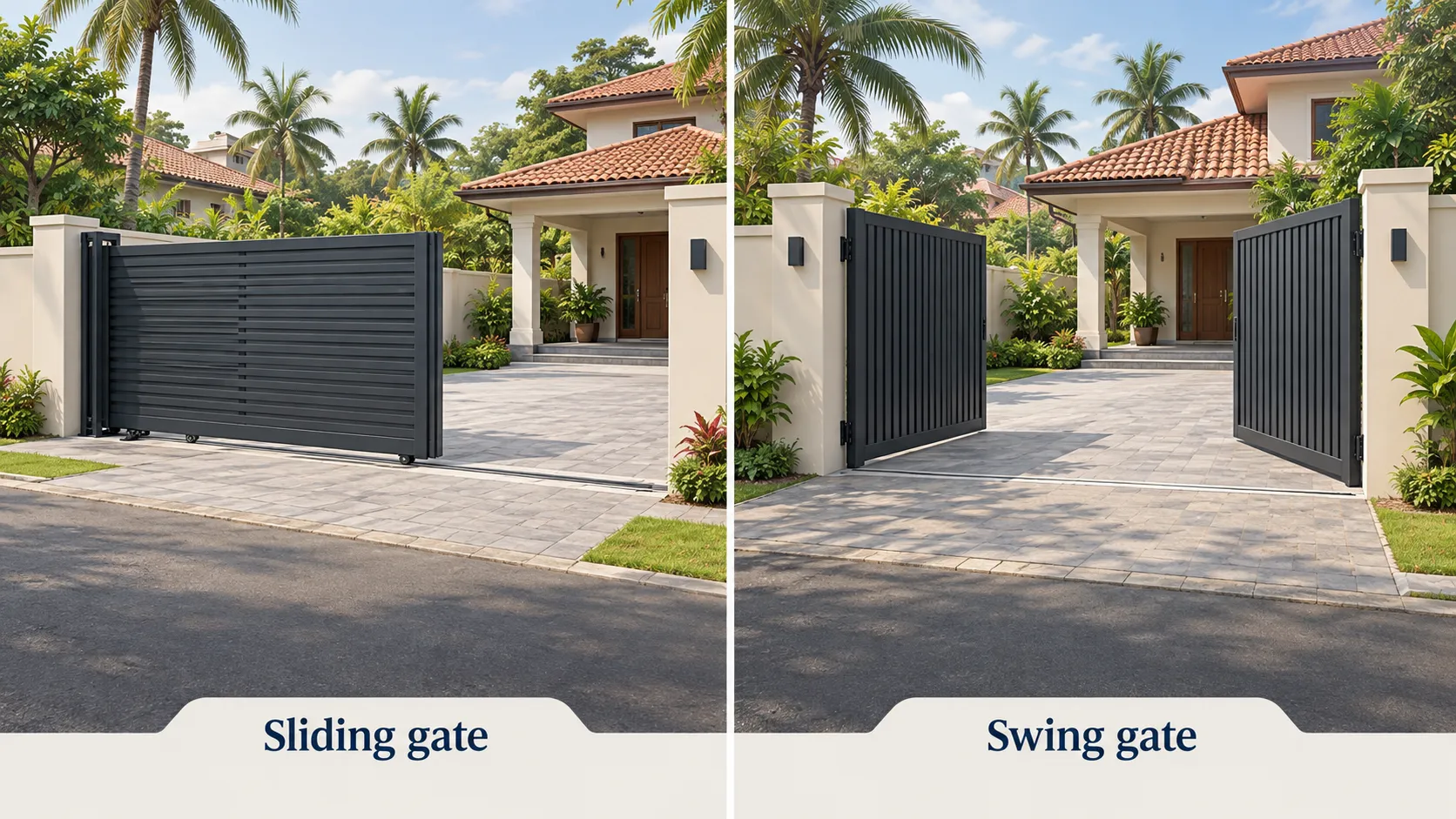 Side-by-side illustration of a partly open sliding gate and double swing gates at Sri Lankan residential entrances.