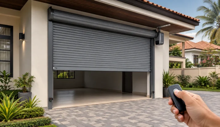 Illustration of a hand holding a remote beside a partially open motorised roller door at a Sri Lankan home.